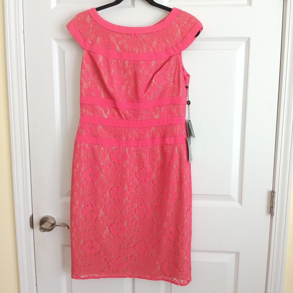 NWT Adrianna Papell Coral Pink Lace Sheath Dress Size 10